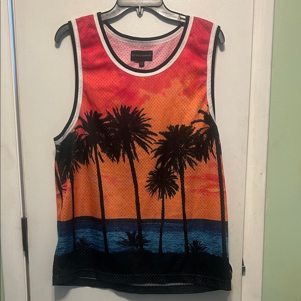 No Boundaries Sunset Palm Tree Tank Top - Red, Orange, Black
